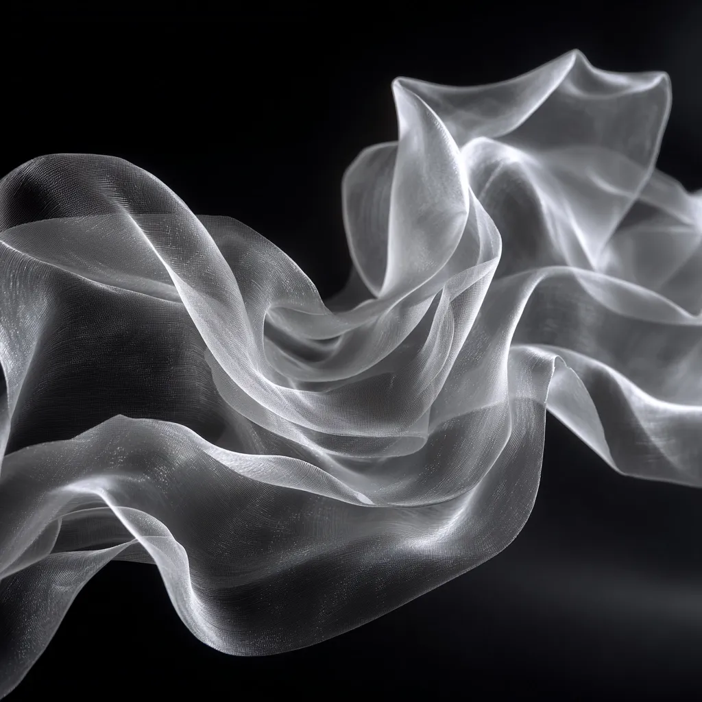A sheer, white fabric flows gracefully against a stark black background.  The translucent material creates soft, undulating curves and folds, showcasing its delicate texture and ethereal quality.  Light catches the fabric, highlighting its subtle sheen and creating a dramatic contrast with the darkness.  The image evokes a sense of fluidity and elegance.