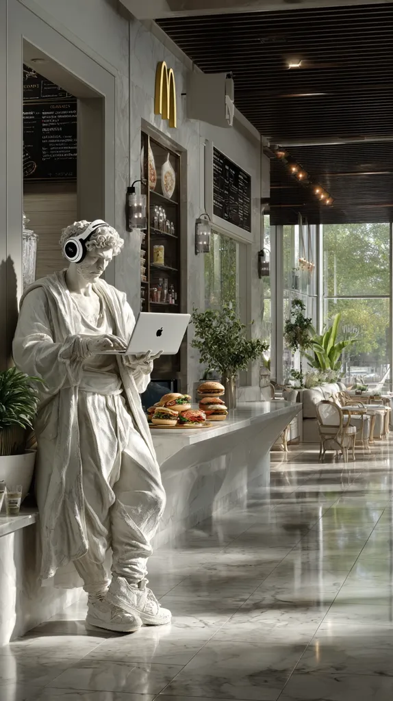 A classical statue, wearing headphones and modern sneakers, sits in a contemporary food hall.  The statue uses a laptop, incongruously placed against the backdrop of a McDonald's logo and a cafe menu.  The setting is sleek and modern, with marble floors and large windows overlooking greenery.  The overall image is a striking juxtaposition of ancient and modern aesthetics.