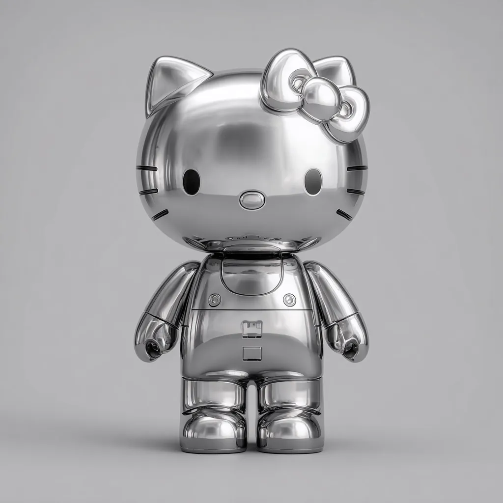 A chrome-plated Hello Kitty robot stands against a light gray background.  The figure is highly polished, reflecting light intensely.  It's designed in a robotic style, with articulated joints and a metallic jumpsuit, retaining the classic Hello Kitty features:  ears, whiskers, and signature bow. The overall effect is sleek and modern, a unique fusion of iconic character and industrial design.