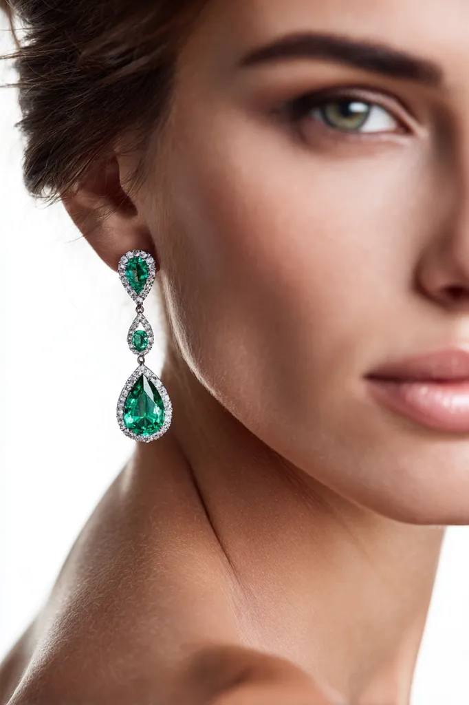 Close-up of a woman's face and shoulder, showcasing elegant dangling earrings.  The earrings feature three pear-shaped emeralds, the largest at the bottom, each encircled by smaller diamonds.  The emeralds are a vibrant, deep green, and the diamonds add sparkle. The woman has softly defined features and flawless skin.  The image is clean and focuses on the jewelry and the woman's beauty.