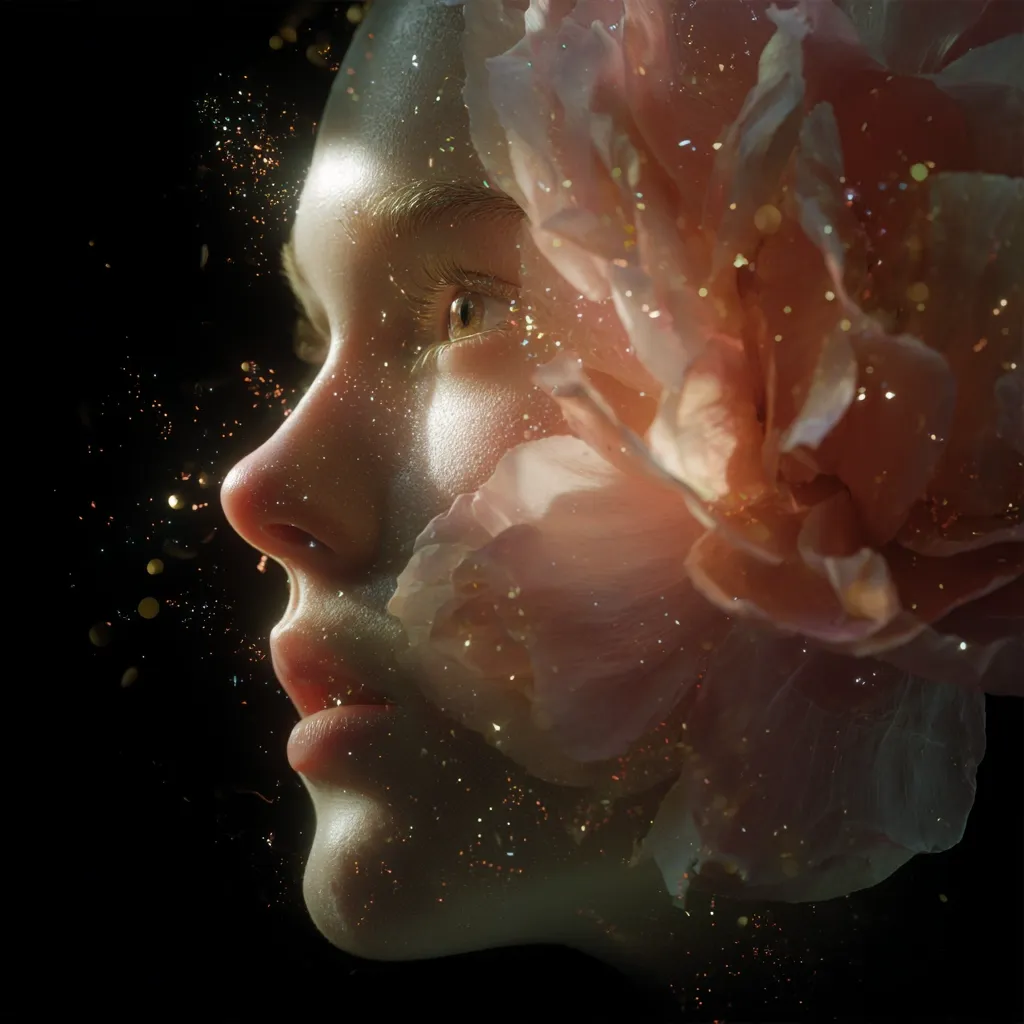 A close-up profile view of a woman's face, partially obscured by a large, pale pink flower.  Golden sparkles drift around them, creating a dreamlike, ethereal atmosphere against a black background.  The woman's skin is luminous, and her expression is serene.  The image evokes feelings of beauty, fragility, and natural wonder.