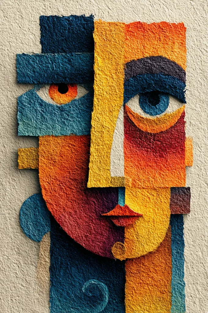 A cubist-style portrait, rendered in textured, warm and cool tones, depicts a face fragmented into geometric shapes.  The artist uses bold color blocks of orange, blue, and maroon, creating a sense of depth and dimension.  The eyes are particularly striking, each holding a different hue, adding to the artwork’s overall abstract and expressive quality. The textured surface gives the piece a tactile feel.