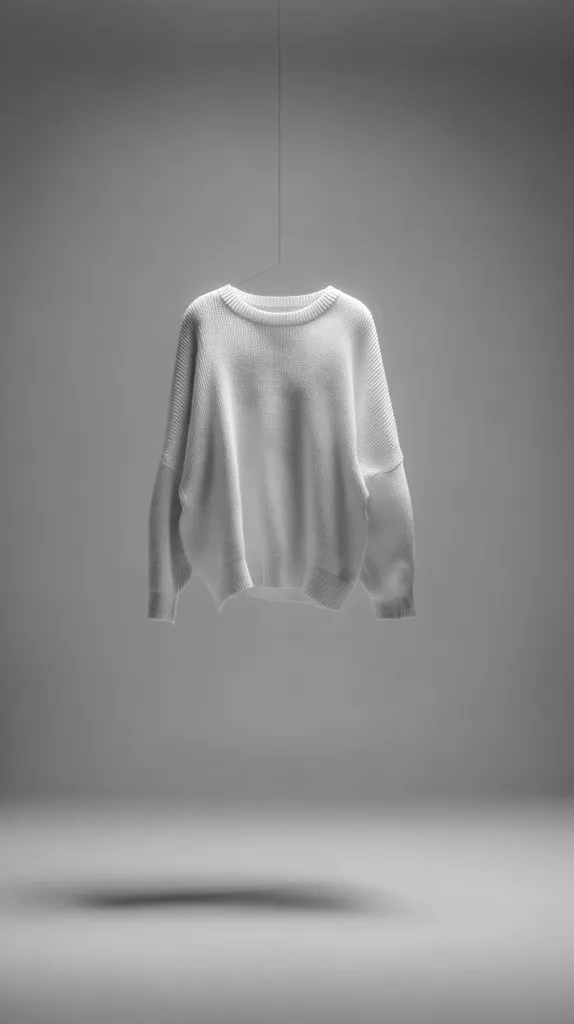 A minimalist grayscale image showcases a white oversized knit sweater hanging from a thin thread against a muted gray backdrop. The sweater's soft texture and relaxed fit are emphasized by the simple composition and even lighting.  The overall aesthetic is clean, modern, and subtly suggestive of fashion or retail.