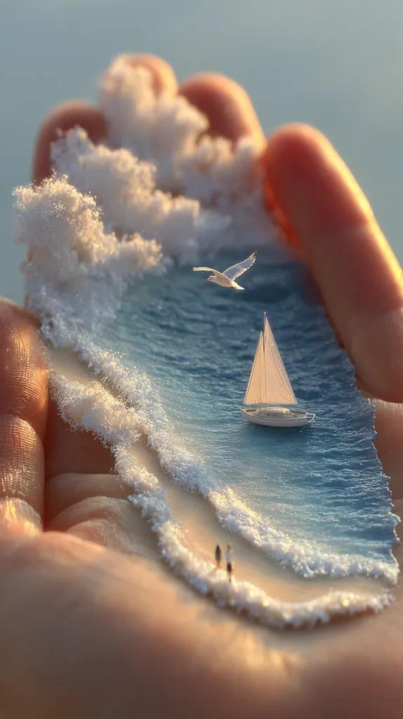 A miniature seascape rests in a person's hand.  Small waves curl onto a sandy shore where two tiny figures stroll. A sailboat glides on the tranquil water, and a seagull soars overhead. The scene, crafted with exquisite detail, evokes a sense of peace and serenity, perfectly contained within the palm. The contrast between the vastness of the ocean and the small scale of the scene emphasizes its delicate beauty.