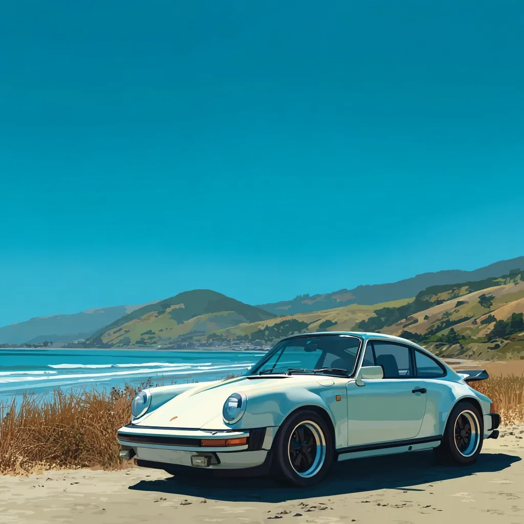A light blue Porsche 911 Turbo (930 generation) is parked on a sandy beach, overlooking a calm ocean under a vibrant blue sky. Rolling green hills form a picturesque backdrop. The scene evokes a sense of freedom and classic automotive beauty against a serene coastal landscape. The sunlit car and tranquil setting create a stunning visual harmony.