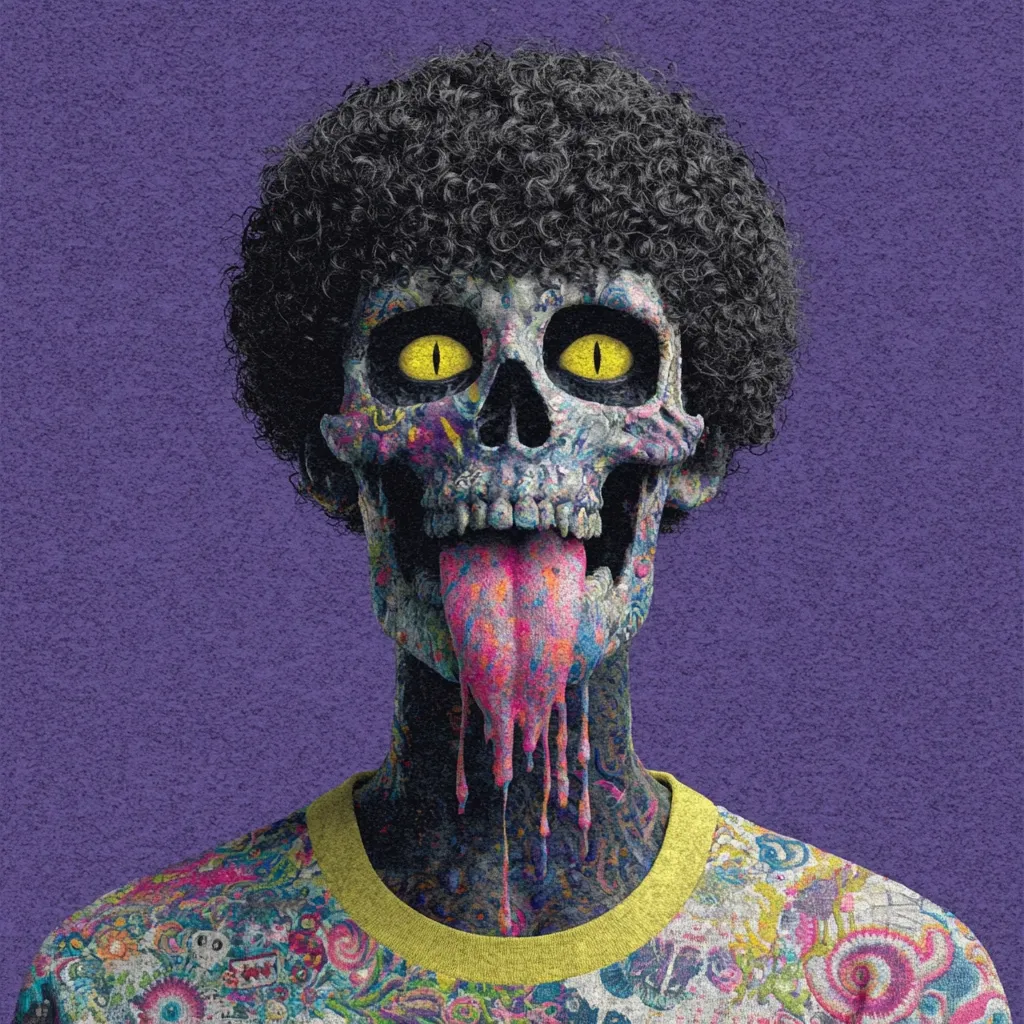 A digital artwork depicts a skull with a vibrant afro hairstyle.  The skull's face is covered in colorful paint splatters, and its yellow eyes are intensely focused.  The tongue is similarly painted and drips down its chin. It wears a shirt with a similarly colorful, psychedelic pattern. The background is a textured purple.  The overall effect is surreal and slightly unsettling.