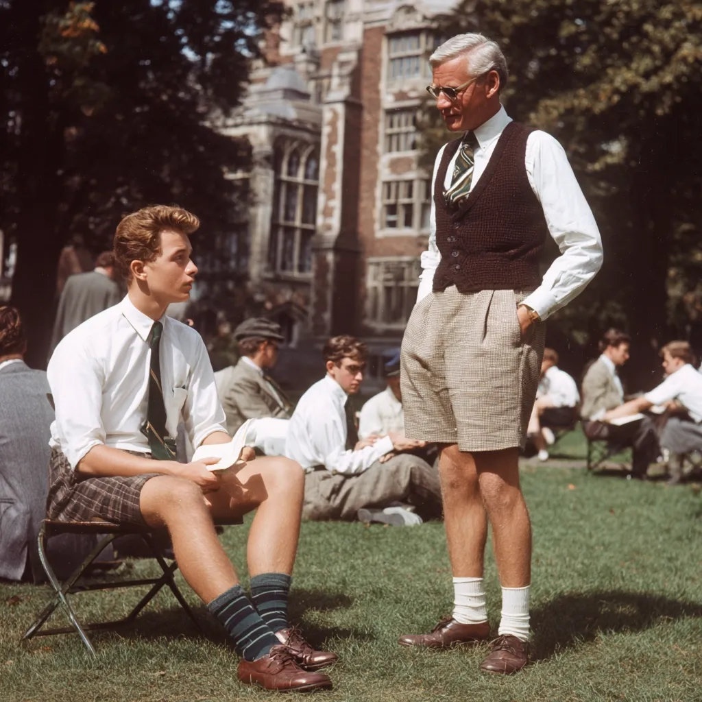 A professor in a vest and shorts speaks with a student wearing a white shirt and plaid shorts on a grassy campus.  Other students are seated nearby, engaged in their studies.  The setting suggests a prestigious school or university, with a backdrop of classic brick architecture.  The image evokes a sense of academic life in a bygone era.