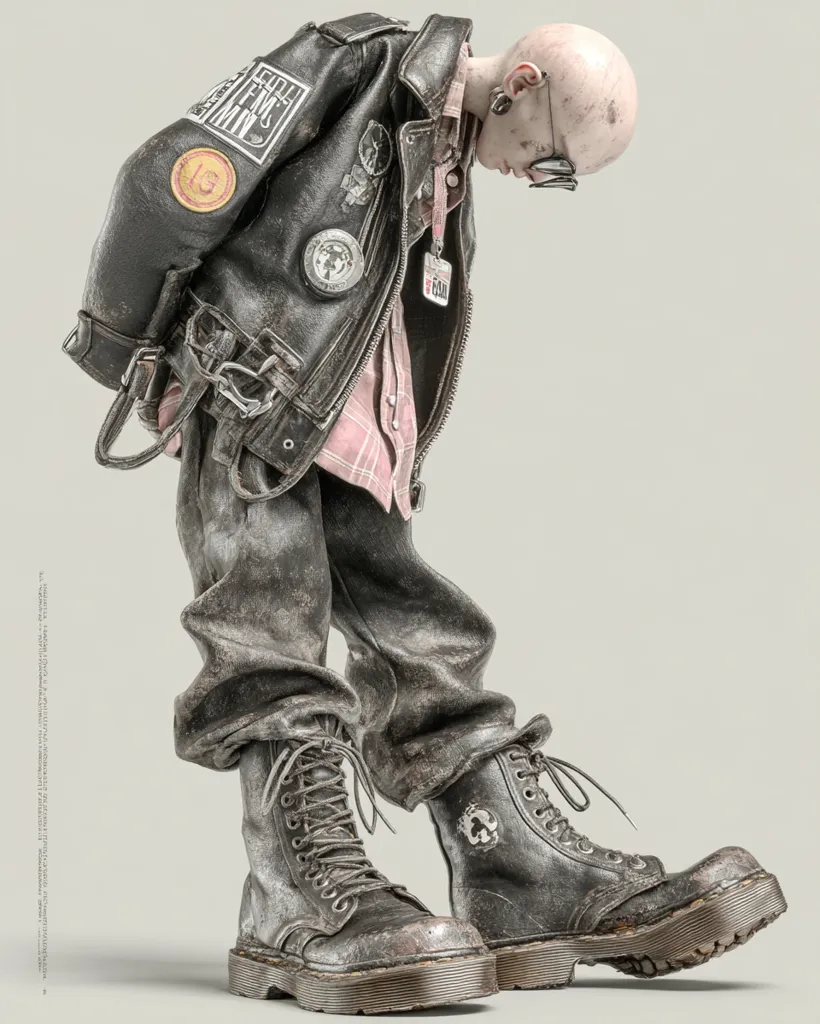 A 3D rendered figure, possibly a sculpture, is depicted. It's a bald, pale-skinned individual dressed in worn, distressed clothing.  The attire includes a heavily patched leather jacket adorned with various badges, a pink plaid shirt peeking from beneath, and heavily worn combat boots. The figure's posture suggests a slumped or weary demeanor. The overall aesthetic is gritty and post-apocalyptic.