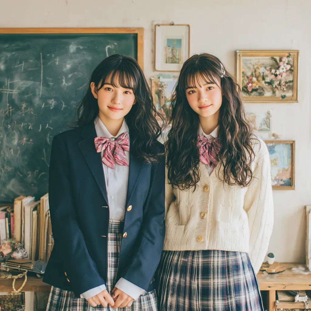 Two young Japanese women in school uniforms stand side-by-side.  One wears a navy blazer and pleated skirt, the other a cream cardigan and similar plaid skirt. Both sport pink and red bow ties. They are posed against a backdrop of a chalkboard, bookshelves, and framed artwork, creating a studious and charming aesthetic.  Their long, wavy hair frames their faces, and they project a friendly, confident demeanor.