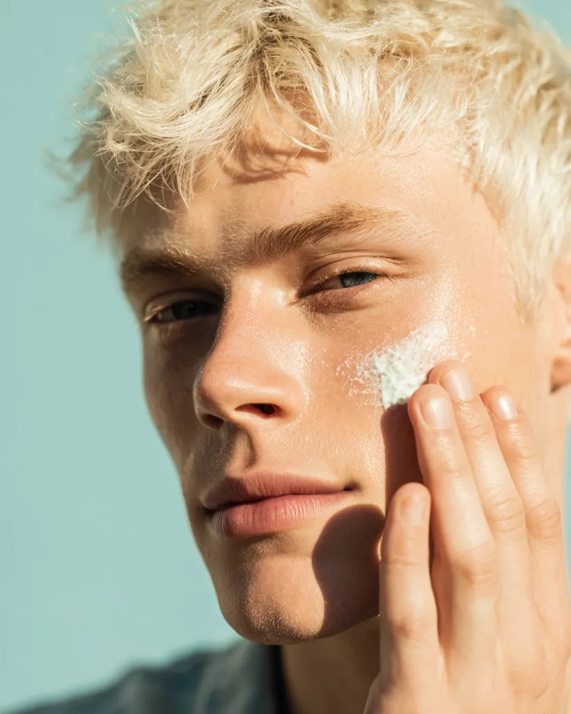 Close-up of a young man with blond, textured hair applying a light green facial cream or moisturizer to his cheek.  He has fair skin and is looking directly at the camera. The background is a soft, light teal.  The image is bright and well-lit, highlighting the texture of his skin and hair.