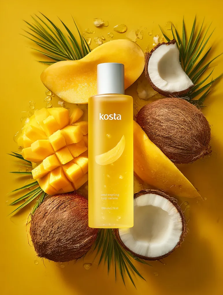 A bottle of Kosta mango and coconut body oil is displayed on a vibrant yellow background.  Surrounding the bottle are fresh, juicy mango slices and halved coconuts, emphasizing the tropical scent.  Palm fronds add to the lush, summery feel. The bottle's label is minimalist, showcasing the brand name prominently. The overall image is bright, clean, and evocative of a tropical paradise.