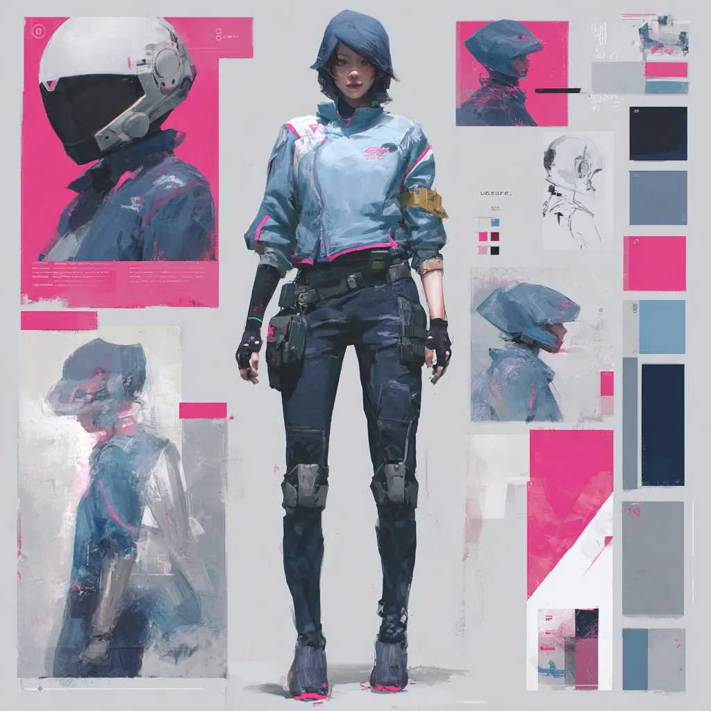 A stylized female character design features a young woman in a light blue jacket and dark pants, knee pads, and gloves.  Surrounding her are concept sketches of helmets, color palettes, and additional character poses. The art style is digital painting with a loose, expressive brushstroke, and a color scheme dominated by blues, grays, and hot pink accents. The overall impression is futuristic and possibly cyberpunk-inspired.