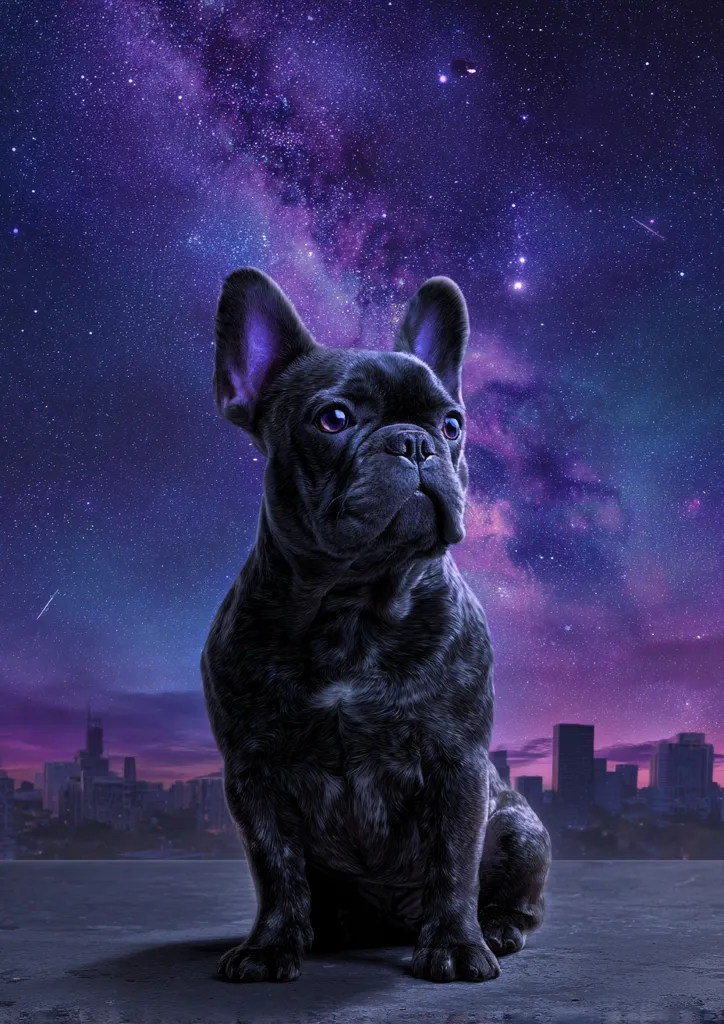 A black French Bulldog sits majestically against a breathtaking backdrop of a city skyline at twilight, under a vibrant purple and blue night sky brimming with stars and the Milky Way.  The dog gazes thoughtfully into the distance, creating a serene and captivating image. Shooting stars streak across the cosmos, adding to the magical atmosphere.