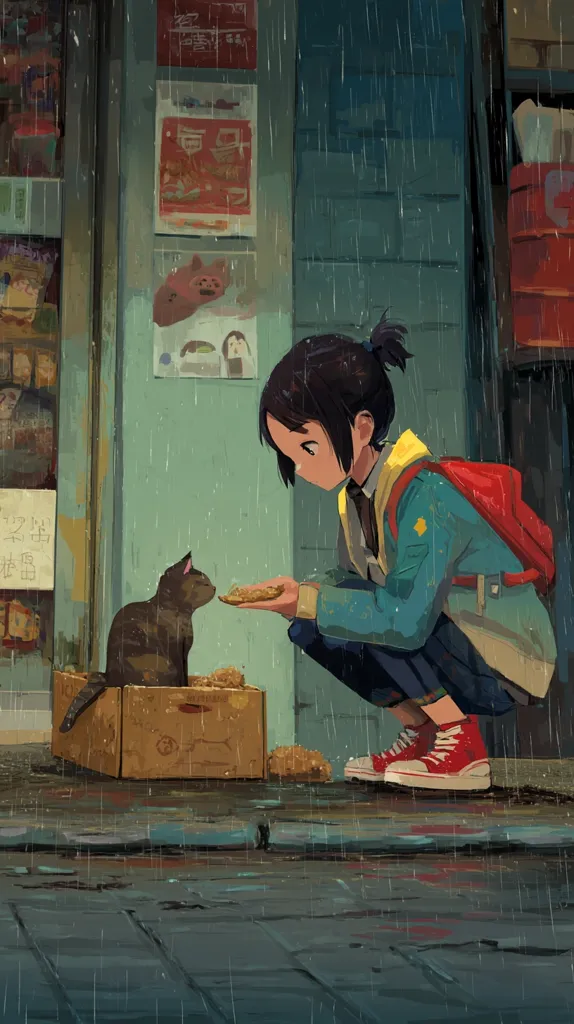 A girl with a backpack crouches in the rain outside a shop, offering food to a cat in a cardboard box.  The scene is painted in a soft, muted palette, emphasizing the rainy atmosphere.  Posters and shelves are visible in the background, suggesting an Asian setting. The overall mood is quiet and compassionate.
