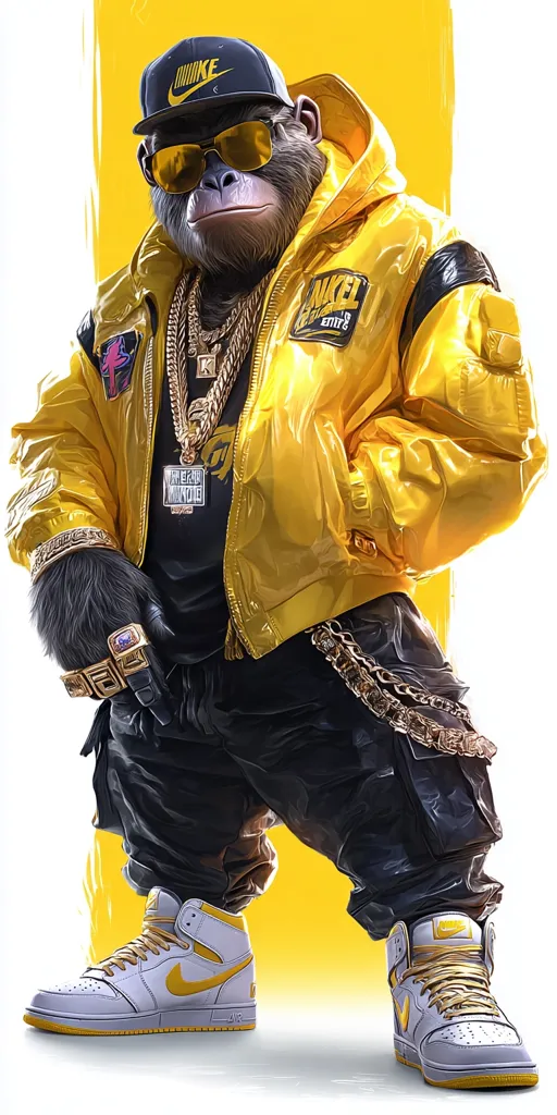 A stylish chimpanzee is depicted in a vibrant illustration.  He's dressed in a shiny yellow jacket, black pants, gold chains, and rings, and sports a Nike cap and sunglasses.  His Air Jordan sneakers complete the hip-hop inspired outfit. The backdrop is a bold yellow, creating a striking contrast with the chimp's attire.  The image is a blend of realism and stylized fashion, showcasing a unique and memorable character.