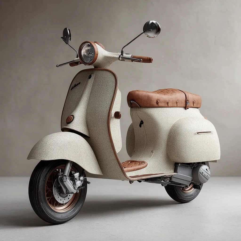 A vintage-style scooter, rendered in off-white with brown leather accents on the seat and side panels, is presented against a neutral backdrop.  The scooter's design is classic and elegant, showcasing a blend of retro aesthetics and modern detailing.  The metallic parts gleam subtly, highlighting the vehicle's craftsmanship.  The overall impression is one of sophisticated simplicity and timeless style.
