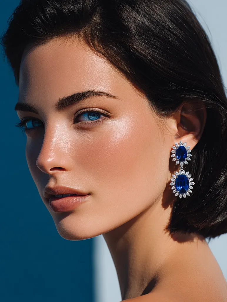 Close-up portrait of a woman with dark, short hair.  She possesses striking blue eyes and glowing skin, subtly highlighted by sunlight.  The focus is on her face, which is turned slightly away from the camera, revealing a delicate jawline and a natural, fresh makeup style.  She wears elegant dangling earrings featuring sapphire and diamond accents. The background is a blurred deep blue.