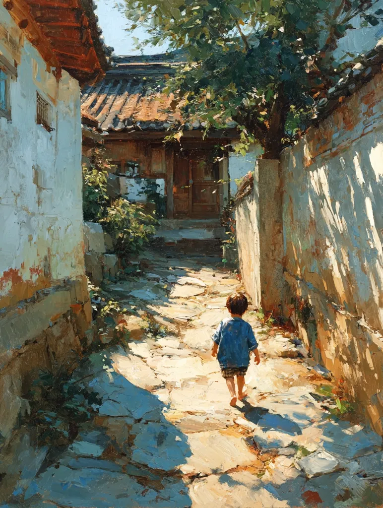 A young child, barefoot and wearing a denim shirt and shorts, walks down a sun-drenched stone path between aged, whitewashed buildings.  The path leads to a traditional-style house with a wooden door, partially shaded by a lush green tree.  Sunlight casts dappled shadows on the uneven stone pathway and walls, creating a warm, atmospheric scene evocative of a quiet village.