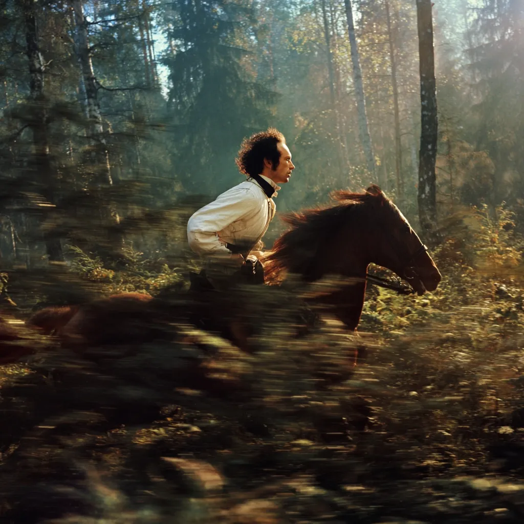 A man in a light-colored shirt rides a dark brown horse at full gallop through a sun-dappled forest.  The motion blur emphasizes the speed, creating a dynamic and atmospheric image. The forest is dense with trees and undergrowth, suggesting a secluded and possibly historical setting. The rider's focused expression adds to the sense of urgency and purpose.