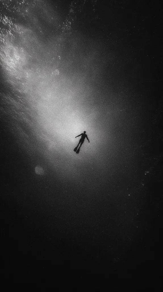 A black and white underwater photograph depicts a lone figure, seemingly a free diver, silhouetted against a softly diffused light source above.  The diver is small in the vastness of the dark, textured water, creating a sense of isolation and scale.  The grainy texture of the image adds to the mysterious and somewhat ethereal atmosphere.