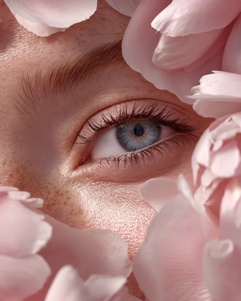 A close-up shot showcases a woman's eye partially obscured by delicate pink peony petals.  The eye is striking with its light blue iris and long, dark lashes.  The woman's skin is subtly freckled and exhibits a luminous, healthy glow.  The overall image is soft, romantic, and emphasizes natural beauty.