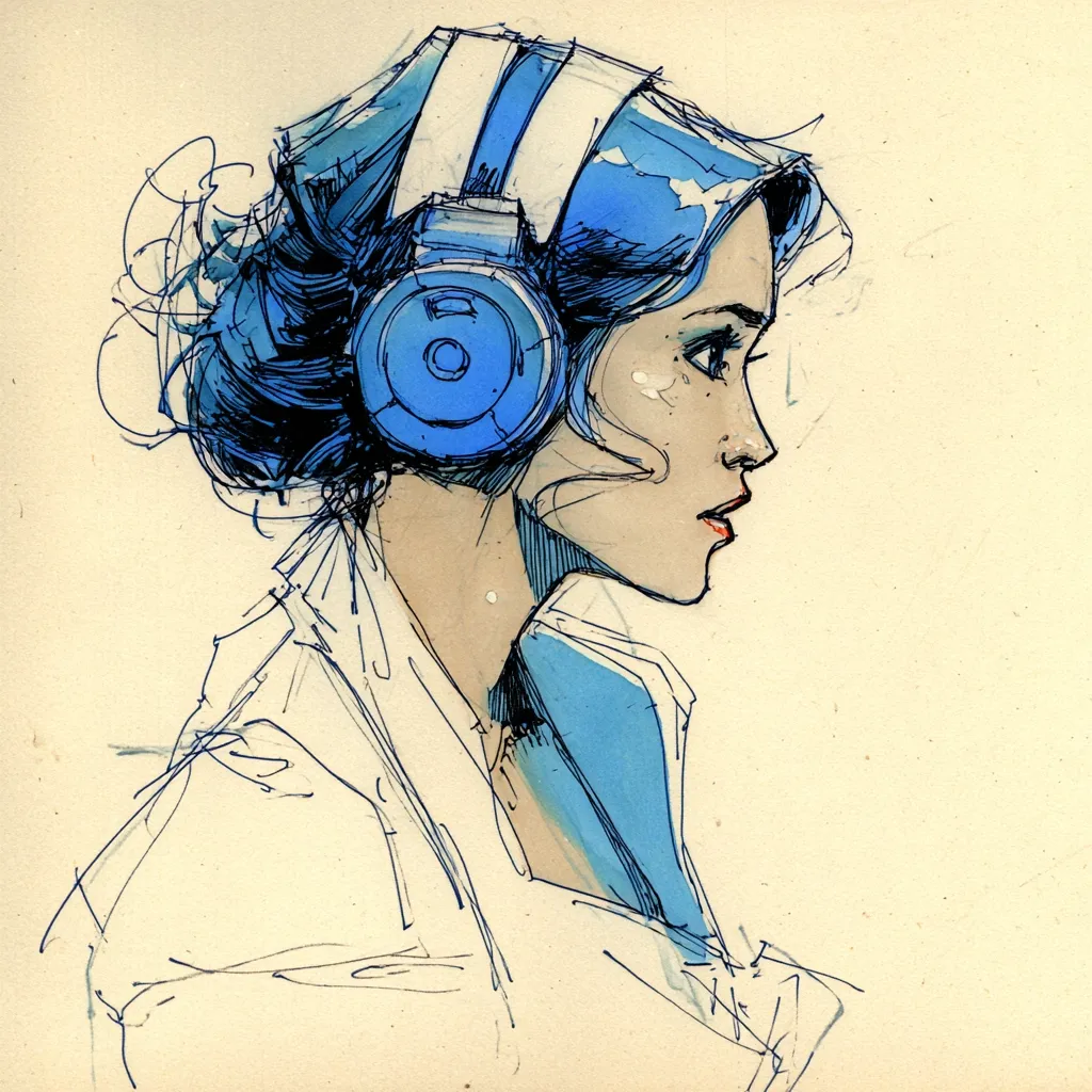 A stylized portrait of a young woman with short, blue hair, wearing large blue headphones. The drawing style is loose and expressive, with visible ink lines and watercolor washes.  The woman's profile is shown, her gaze directed to the right, conveying a pensive mood. The overall aesthetic is modern and artistic.