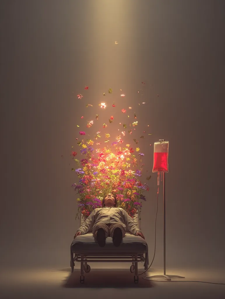 A person lies on a hospital bed, a vibrant bouquet of flowers blooming above them, petals seemingly floating upwards.  A glowing light emanates from the flowers, contrasting with the muted background and a single IV bag.  The scene suggests healing, transformation, or a peaceful transition, imbued with surreal and hopeful imagery.