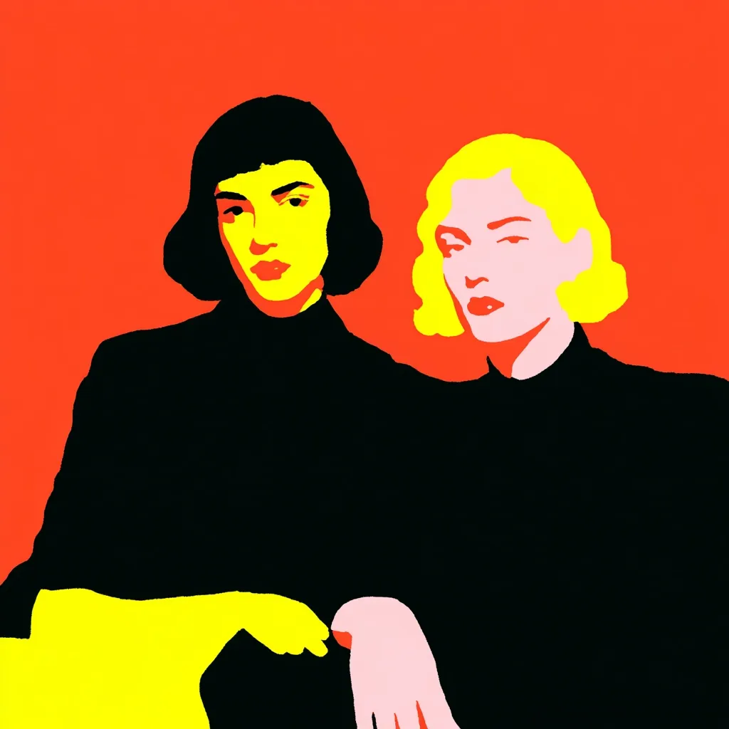 A vibrant pop art-style illustration features two women, one with black bobbed hair and the other with blonde curls.  They are depicted in bold, contrasting colors: black clothing against a bright red background, with accents of yellow and pink in their hair and hands. Their expressions are serious and their poses intimate, suggesting a close relationship. The simplified forms and bold colors create a striking visual impact.