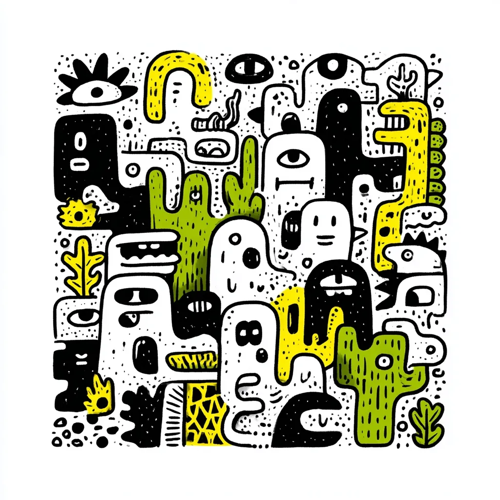 A vibrant, densely packed illustration features a multitude of whimsical creatures and abstract shapes.  Drawn in black and accented with lime green and yellow, the style is reminiscent of doodle art or a cartoon monster mash.  Various eyes, mouths, and body parts are scattered across the composition, creating a chaotic yet harmonious visual effect.  The style is playful and energetic, suggesting a fun and fantastical world.