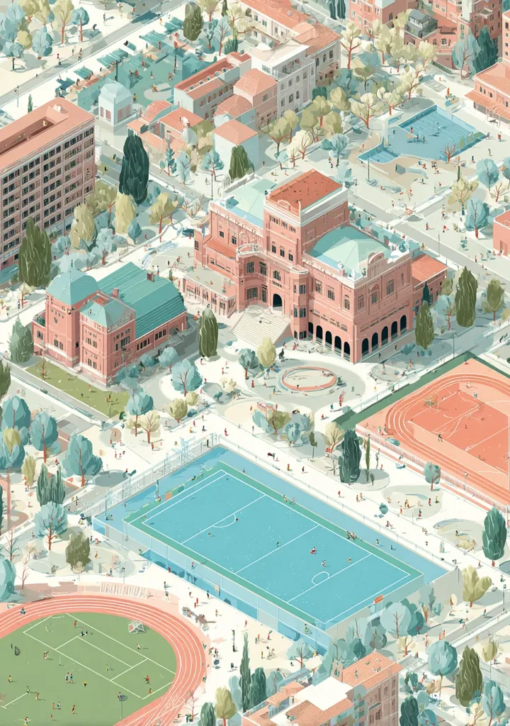 An isometric illustration depicts a vibrant community scene.  A large school building is central, surrounded by lush green spaces, playing fields including a hockey pitch and running track, and various buildings.  People are scattered throughout, engaging in recreational activities, creating a lively and harmonious atmosphere. The style is detailed and colorful, suggesting a warm and sunny day.