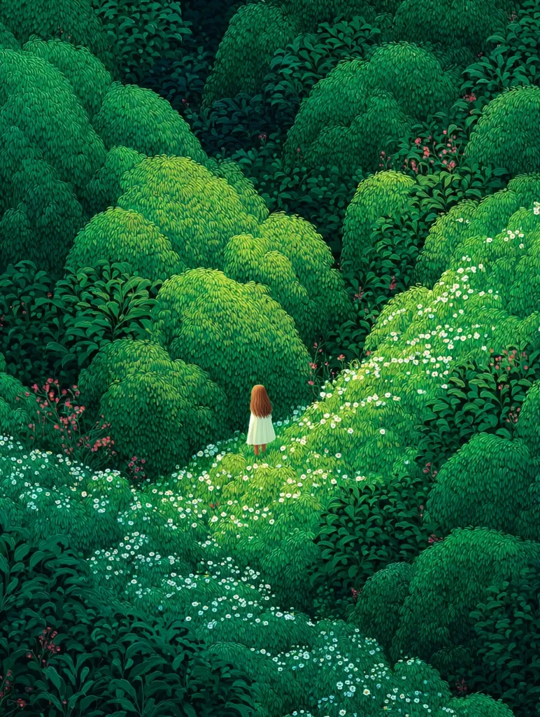 A lone girl in a white dress stands amidst a vibrant, lush green landscape.  The scene is dominated by dense, rounded bushes and small flowering plants scattered across a path.  The overall mood is serene and peaceful, suggesting a secluded, natural setting.  The girl's back is to the viewer, emphasizing her isolation within the rich, verdant environment.