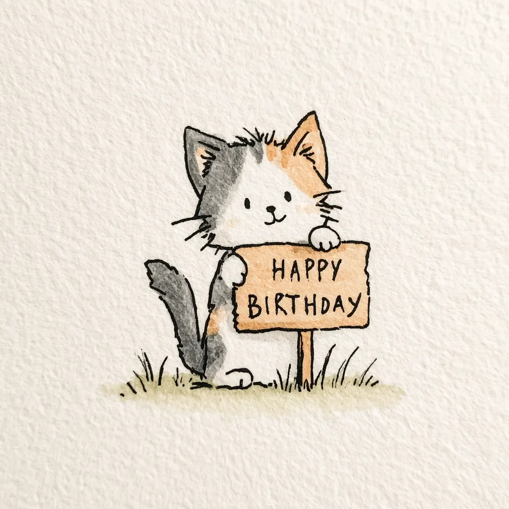 An adorable calico kitten stands in a patch of grass, holding a small wooden sign that reads "Happy Birthday."  The kitten is depicted in a charming, simplistic style with watercolor and ink, its expression sweet and innocent.  The overall image is heartwarming and perfect for a birthday greeting.