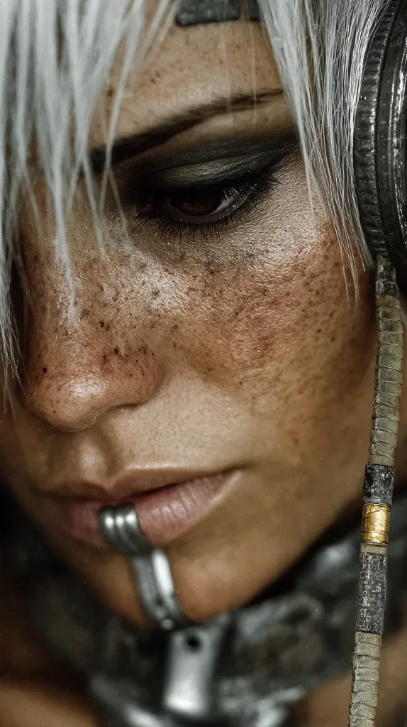 Close-up of a woman's face, possibly a character from a science fiction setting.  She has pale skin with freckles, dark eye makeup, and short, white hair.  She wears a metal collar and a headset, suggesting a futuristic or dystopian context.  Her expression is serious and downcast. The image has a gritty, high-contrast aesthetic.