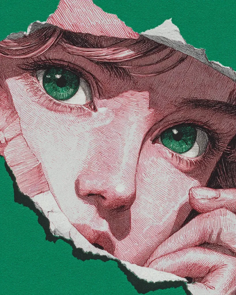 A close-up illustration depicts a young person's face partially revealed through a torn piece of paper against a vibrant green background.  The face, rendered in detailed, reddish-brown lines, features expressive green eyes and a thoughtful expression. The hand is subtly visible, adding to the sense of mystery and intimacy. The contrast between the textured paper and the smooth green backdrop enhances the image's artistic effect.