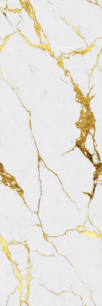 The image showcases a luxurious marble texture.  A predominantly off-white or light gray background is elegantly accented by a network of thin, gold veining. The gold appears slightly textured, giving it a metallic, almost gilded effect.  The veins are irregularly shaped and spread across the surface, creating a visually captivating and opulent pattern.