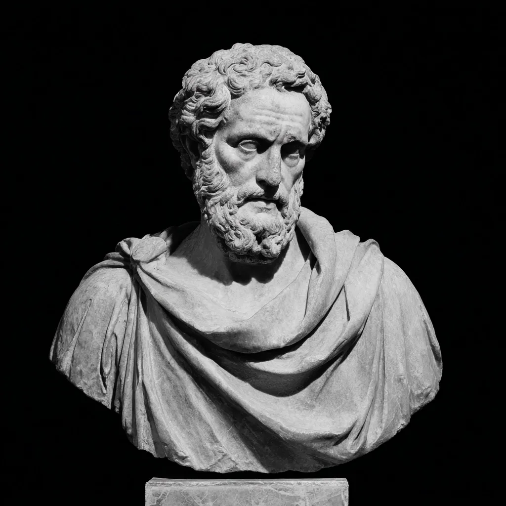 A striking black and white image showcases a classical marble bust.  The subject, a bearded man with curly hair, is depicted from the chest up.  His expression is serious and contemplative. The drapery of his garment is meticulously carved, showcasing the skill of the sculptor. The stark contrast against the dark background emphasizes the texture and detail of the stone.