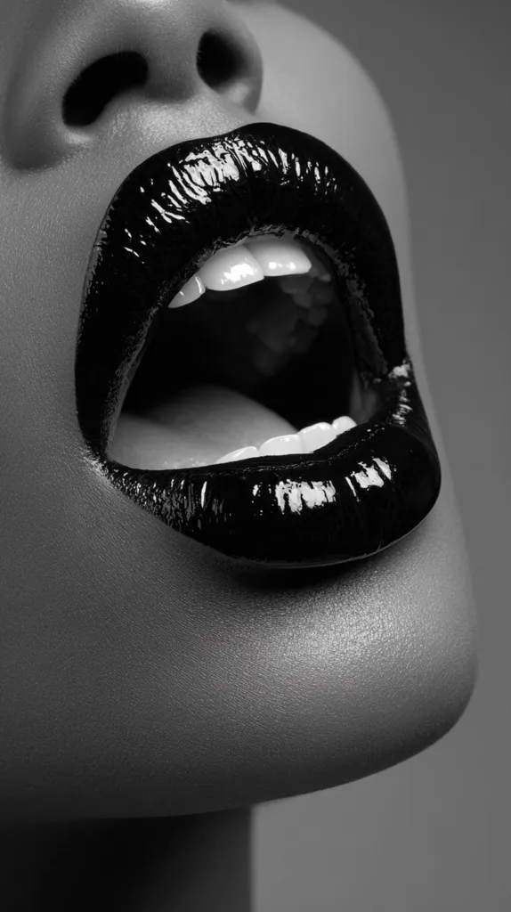 A close-up, monochrome shot captures a woman's face, focusing on her lips.  The lips are accentuated with a glossy, dark-colored lipstick, appearing full and slightly parted, revealing a glimpse of teeth.  The image is stark and dramatic, highlighting the texture of the skin and the bold makeup. The overall feel is sensual and high-fashion.