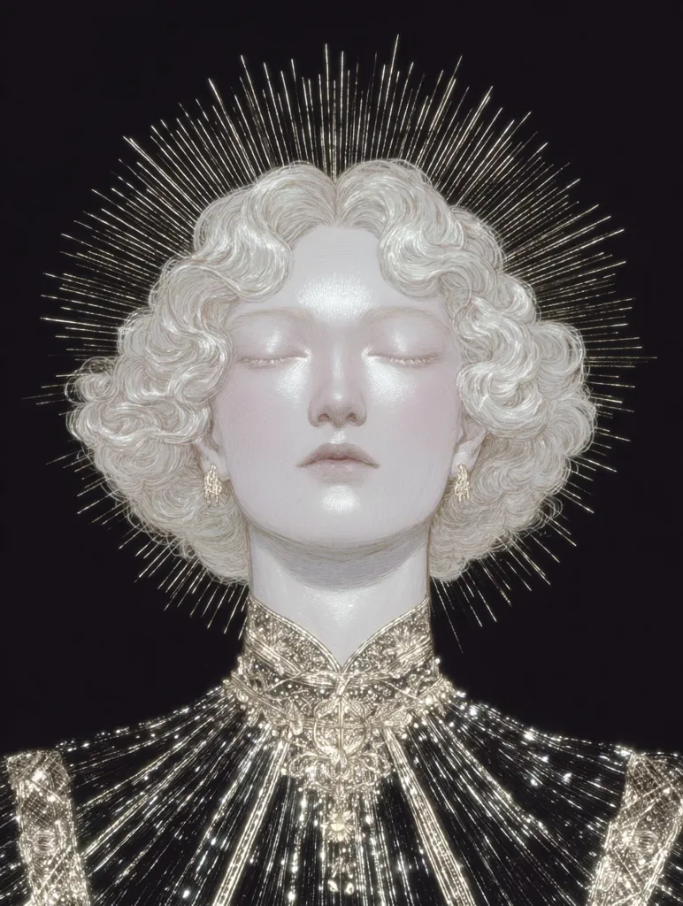 A serene, ethereal woman with platinum blonde, wavy hair is depicted.  She wears a dark, shimmering garment adorned with gold detailing at the collar. A radiant, sunburst-like halo of light surrounds her head. Her eyes are closed, and her expression is peaceful, conveying a sense of divine tranquility. The overall style is elegant and otherworldly, suggestive of a celestial being or goddess.