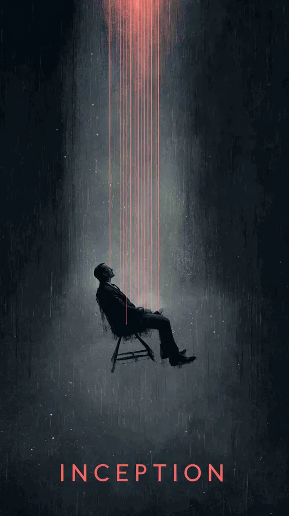 A minimalist poster for the film "Inception." A silhouetted man sits in a chair, suspended mid-air against a dark, textured background.  Thin, red lines descend from above, creating a dreamlike atmosphere. The title "Inception" is displayed in a simple, bold font at the bottom. The overall mood is mysterious and evocative of the film's themes of dreams and reality.