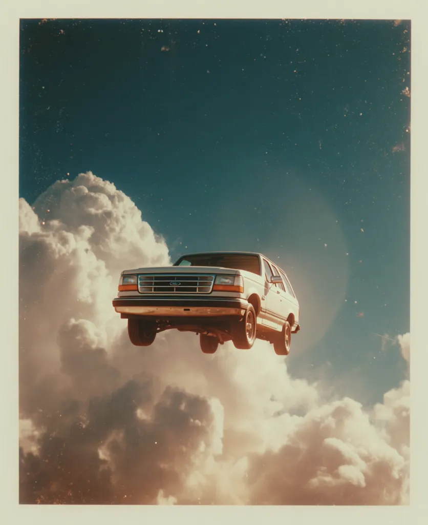 A vintage-style photo depicts a light-colored Ford Bronco floating amidst fluffy clouds against a deep blue sky.  The SUV is suspended in mid-air, creating a surreal and dreamlike effect. The image has a nostalgic, slightly faded aesthetic, reminiscent of old photographs or film.  The scene evokes a sense of wonder and freedom.