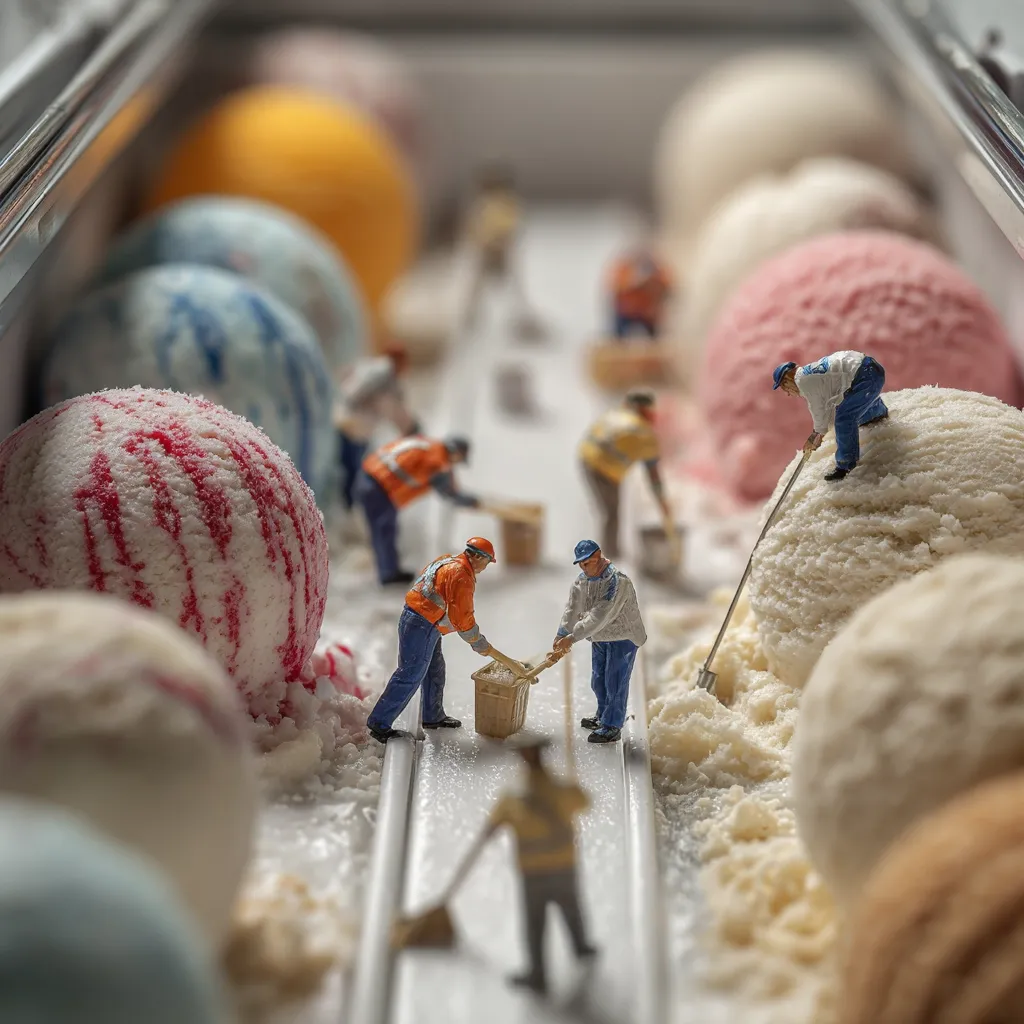 Miniature construction workers are meticulously shaping and clearing a path amidst a vibrant array of ice cream scoops.  They use small shovels and tools, creating a whimsical scene of miniature humans working on a delicious landscape.  The ice cream is in various colors and flavors, creating a colorful backdrop to the tiny construction project.