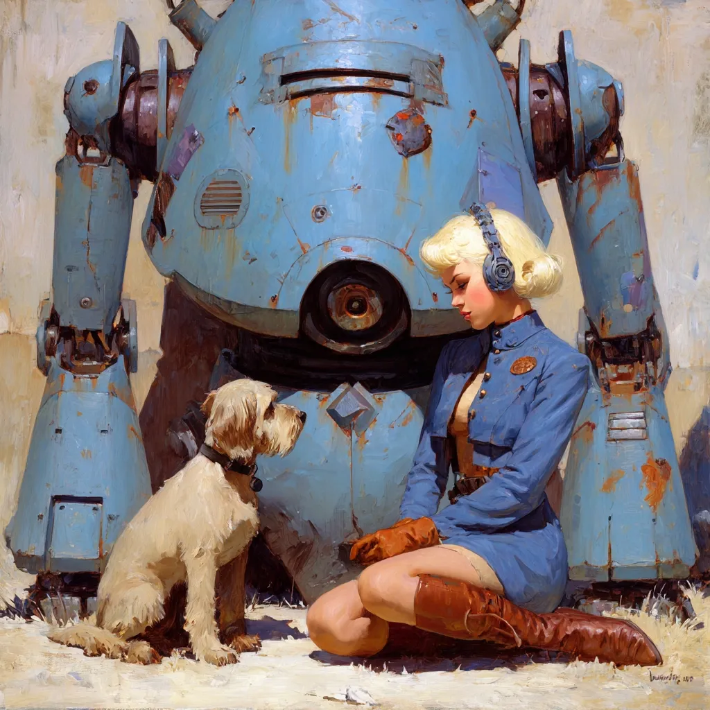 A blonde woman in a blue uniform sits beside a large, rusty blue robot.  A small, light-brown dog sits attentively nearby. The woman wears headphones and brown boots. The scene is painted in a style reminiscent of vintage science fiction artwork, with a weathered, sun-drenched atmosphere.  The overall mood is serene and slightly melancholic.