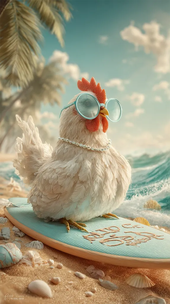 A fluffy white hen, adorned with turquoise sunglasses and a pearl necklace, sits atop a light teal surfboard on a sandy beach.  Palm trees blur in the background, and gentle waves lap at the shore. The scene is idyllic and whimsical, presenting the hen as a stylish beachgoer enjoying a sunny day.  The surfboard displays a subtle, beach-themed inscription.
