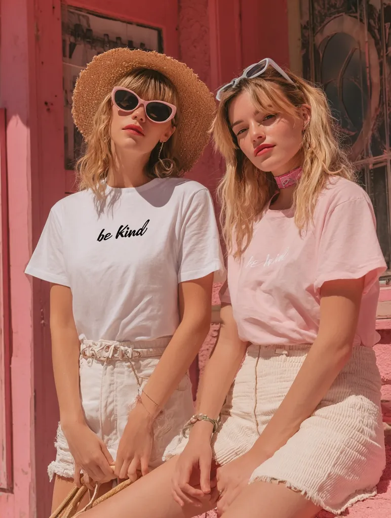 Two young women, wearing straw hats and sunglasses, pose against a pink wall.  One wears a white t-shirt with "be kind" printed on it and white shorts, while the other wears a pale pink t-shirt and beige corduroy shorts.  Both have blonde hair and are styled in a casual, summery aesthetic.  The image conveys a sense of friendship and carefree summer vibes.