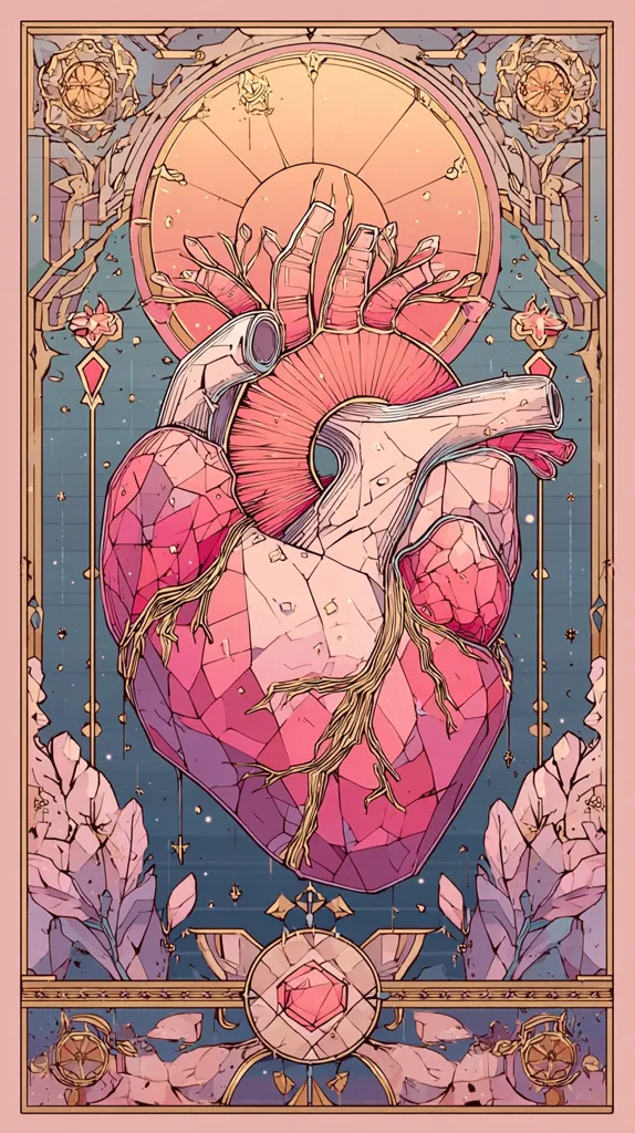 A stylized illustration depicts a crystalline heart, rendered in shades of pink and rose, within an ornate Art Nouveau frame.  The heart is meticulously detailed, showing its internal structure as a multifaceted gem.  The background features a celestial-like design with geometric patterns and floral motifs, creating a mystical and ethereal atmosphere.  The overall style blends anatomical precision with fantastical artistry.