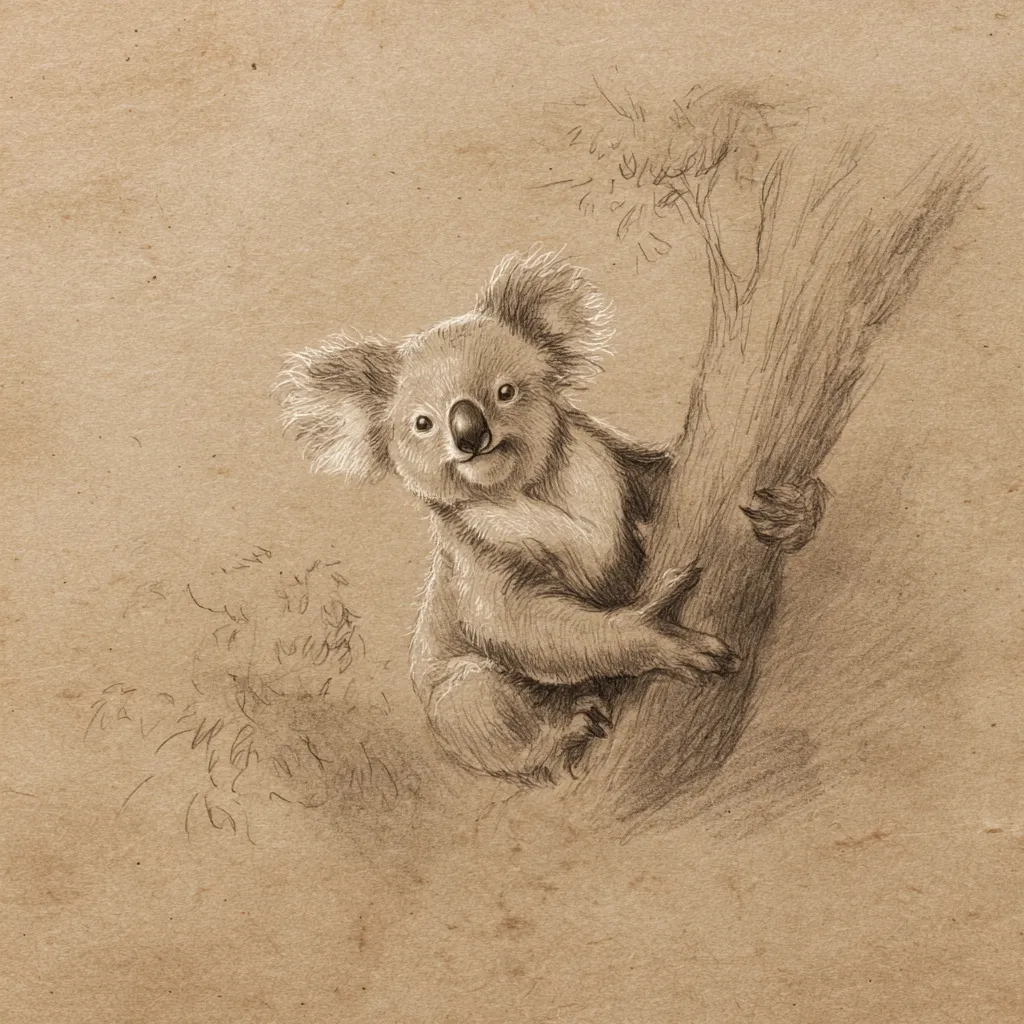 A charming pencil sketch depicts a koala clinging to a tree trunk.  The koala, rendered with detailed fur texture, gazes directly at the viewer with a serene expression.  The background suggests a eucalyptus forest, subtly sketched with foliage around the base of the tree. The sepia tones and textured paper create a vintage aesthetic.