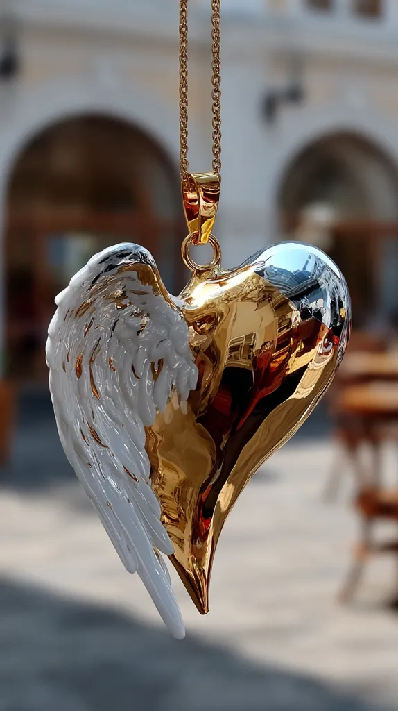 A gold and white heart-shaped pendant hangs from a gold chain. The heart is polished to a high shine, reflecting the blurry background.  One side of the heart features a sculpted white angel wing, creating a striking contrast with the gold. The pendant is elegant and eye-catching, suggesting a piece of fine jewelry.