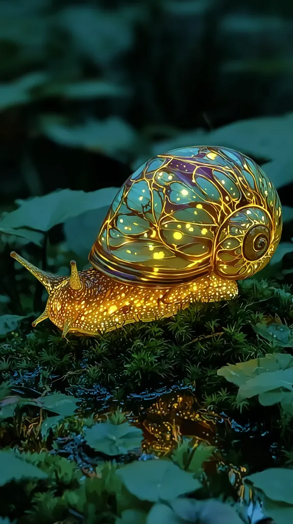 A snail, seemingly bioluminescent, glimmers with golden light against a dark, mossy backdrop.  Intricate, glowing patterns adorn its shell, resembling veins or circuitry.  The snail rests on damp earth amidst lush, deep green foliage, creating a mystical and enchanting scene, possibly a digital artwork or fantasy illustration. The overall effect is dreamlike and magical.
