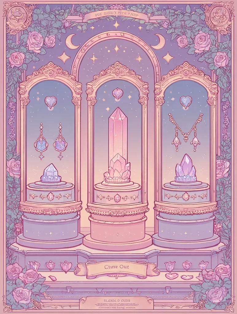 A whimsical illustration depicts a pastel-colored, ornate display case showcasing various crystal jewelry.  Three arched sections feature earrings, a necklace, and a large crystal centerpiece, all resting on tiered stands.  Roses and celestial elements like moons and stars adorn the background, creating a dreamy, magical atmosphere. The words "Clime Out" are displayed prominently below the case. The overall style is reminiscent of fantasy art and pastel goth aesthetics.