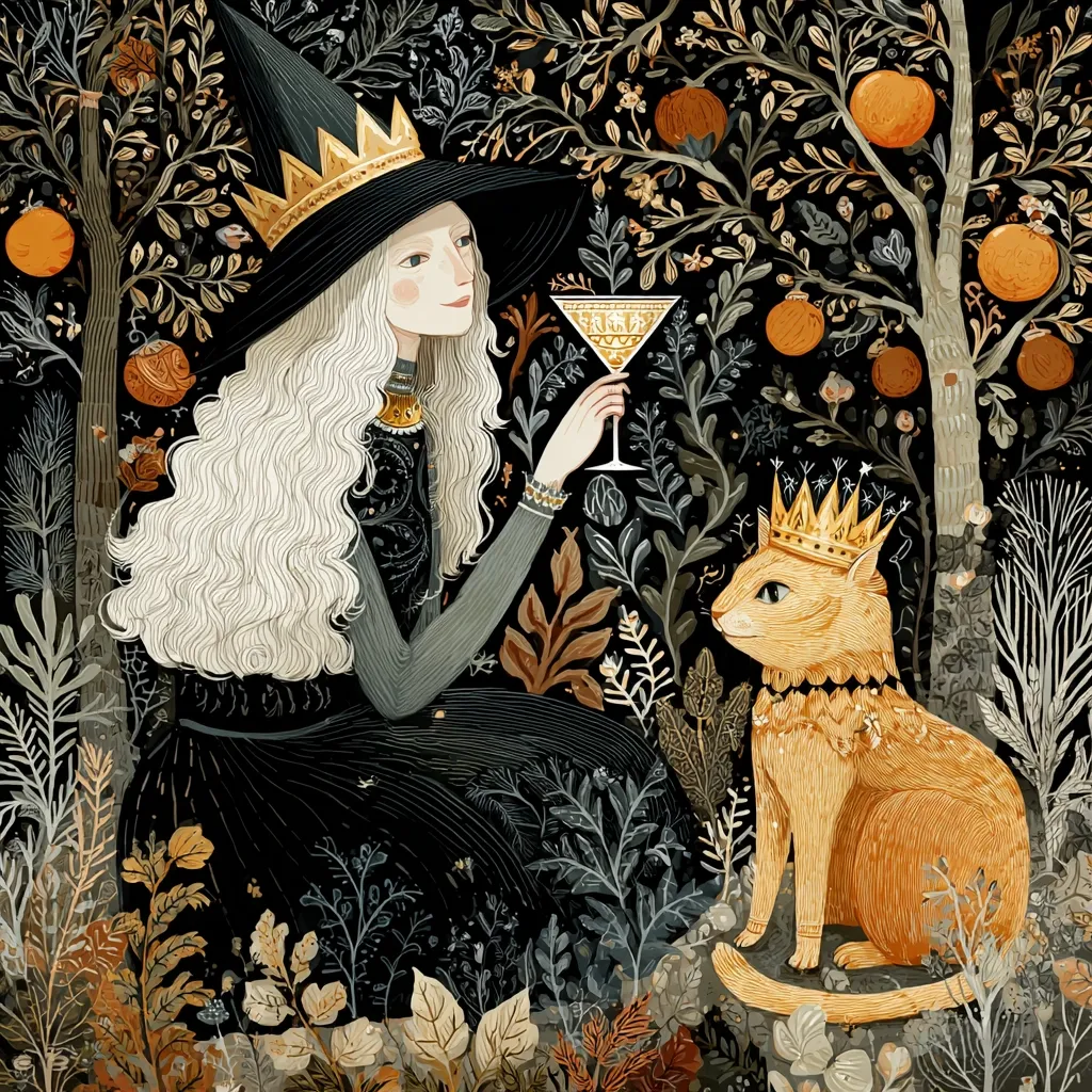 A witch with long, flowing white hair and a crown-adorned hat sits amidst a mystical orange grove.  She holds a golden goblet, sharing a moment with a crowned orange cat.  The artwork is rich in detail, featuring intricate foliage and a dark, enchanted atmosphere.  The scene evokes a sense of fairytale magic and whimsical companionship.